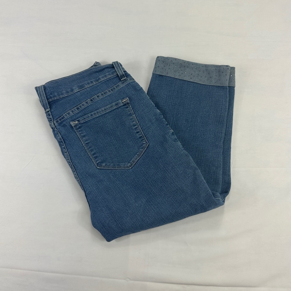 NYDJ‎ Womens 6 Capri Jeans Blue Cropped Denim Rhinestone Cuff Detail